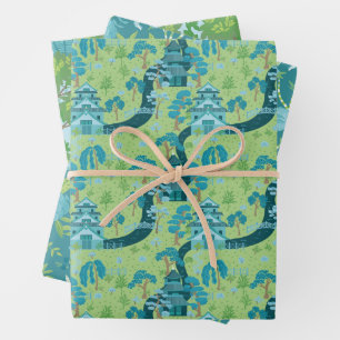 Asian Pattern Blue Green Wrapping Paper Sheet