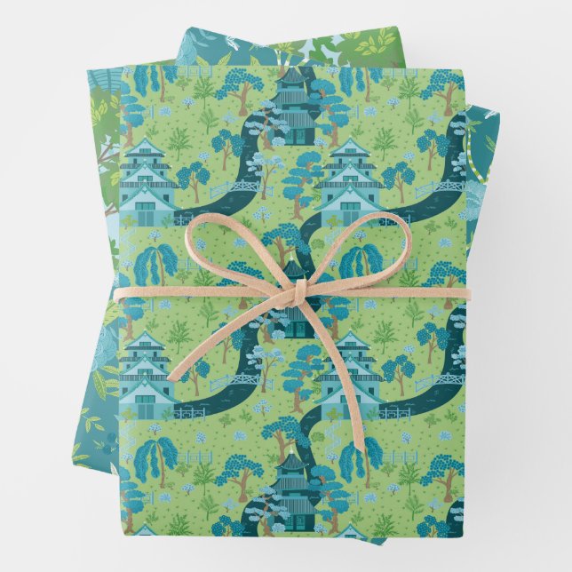 Asian Pattern Blue Green Wrapping Paper Sheet (In situ)