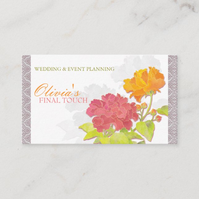 Asian Peony n Chic Damask Business Card (Front)