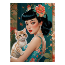 Asian Pin-Up and Cute Kitten