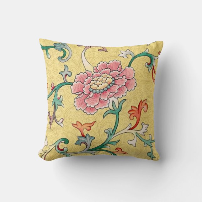 Asian Pink Peony Garden on Pastel Butter Yellow Throw Pillow (Front)