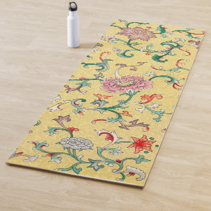 Asian Pink Peony Garden on Pastel Butter Yellow Yoga Mat