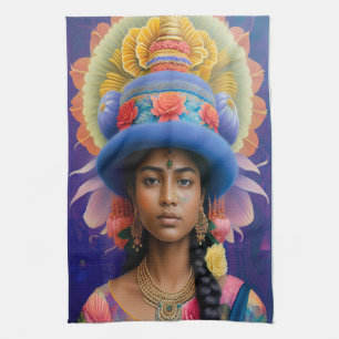 Asian princess with big blue hat kitchen towel
