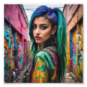 Asian Punk Girl with Multi Colour Hair and Jacket Photo Print