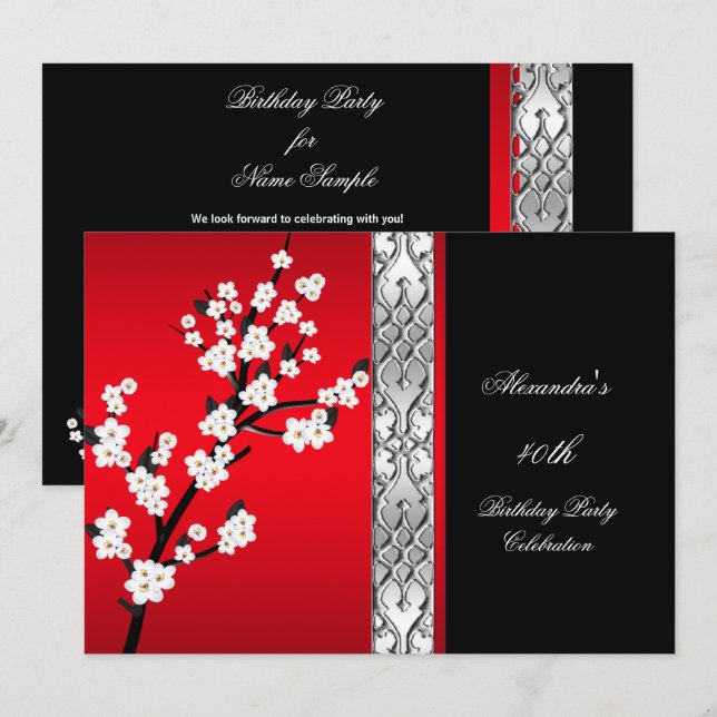 Asian Red Black Floral White Birthday Party Invitation (Front/Back)