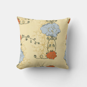 Asian Red, Blue, Beige Floral Throw Pillow