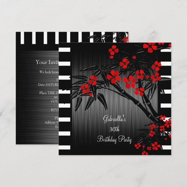 Asian Red Floral Black White Bamboo 30th Birthday Invitation (Front/Back)