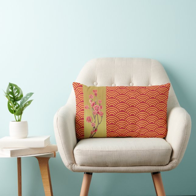 Asian Red Gold Waves with Cherry Blossoms Accent Lumbar Pillow (Chair)