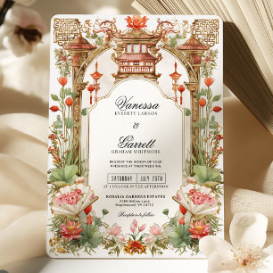 Asian Red Lotus and Fan Wedding Tea Ceremony  Invitation