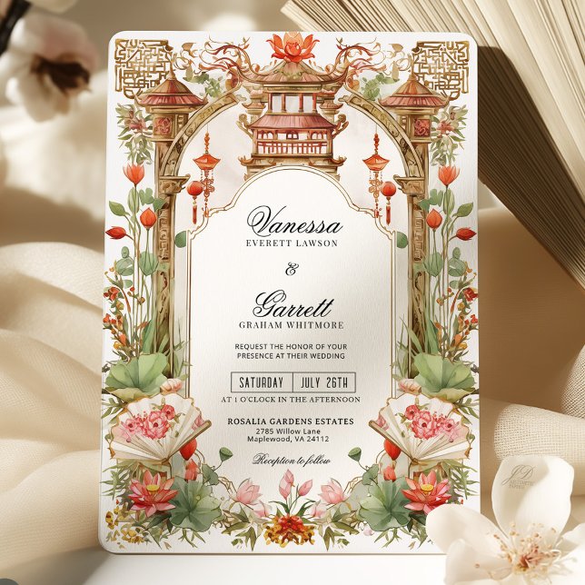 Asian Red Lotus and Fan Wedding Tea Ceremony  Invitation (Creator Uploaded)