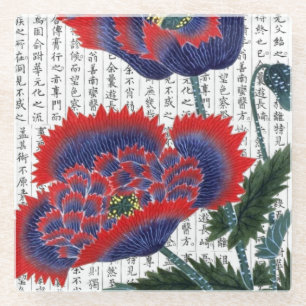 Asian Red Poppies on Kanji Background Glass Coaster
