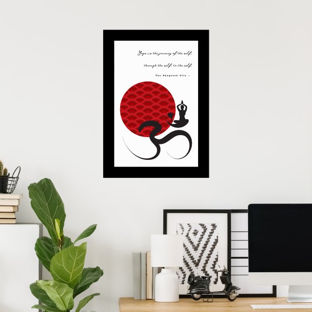 Asian Red Sun Yoga & Modern Zen Calligraphy Om Aum Poster (Home Office)
