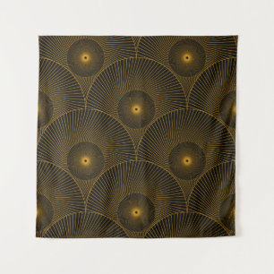 asian round feathers seamless pattern in gold blac tapestry