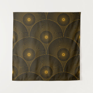 asian round feathers seamless pattern in gold blac tapestry