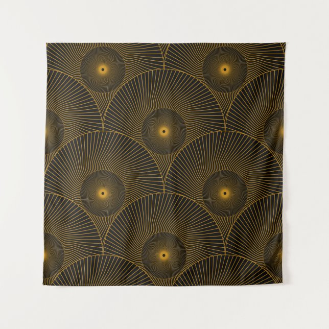 asian round feathers seamless pattern in gold blac tapestry (Front)