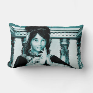 Asian Royal Woman Blue Portrait Art Lumbar Pillow