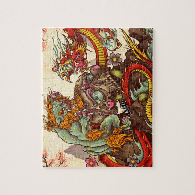 Asian scene with foo dog and dragon jigsaw puzzle (Vertical)