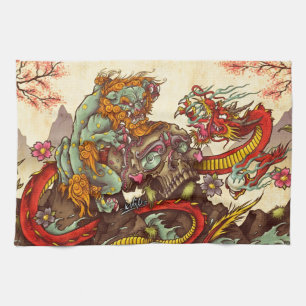 Asian scene with foo dog and dragon kitchen towel
