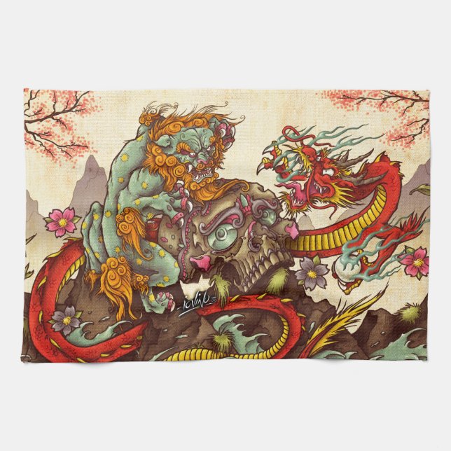 Asian scene with foo dog and dragon kitchen towel (Horizontal)