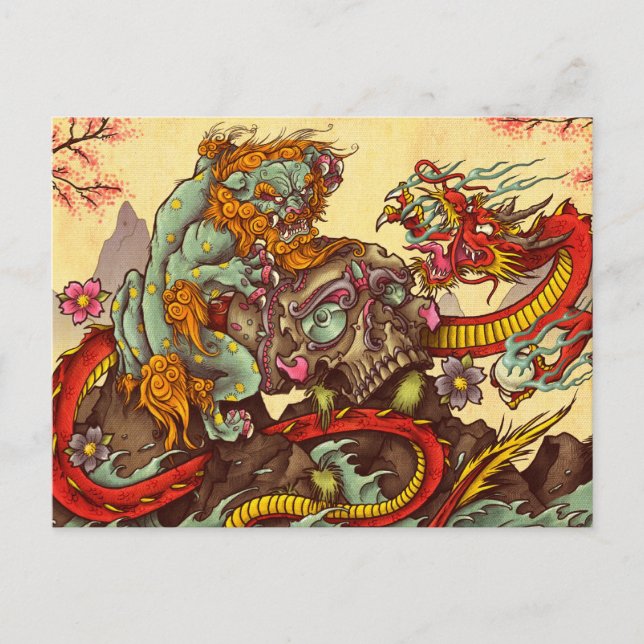Asian scene with foo dog and dragon postcard (Front)