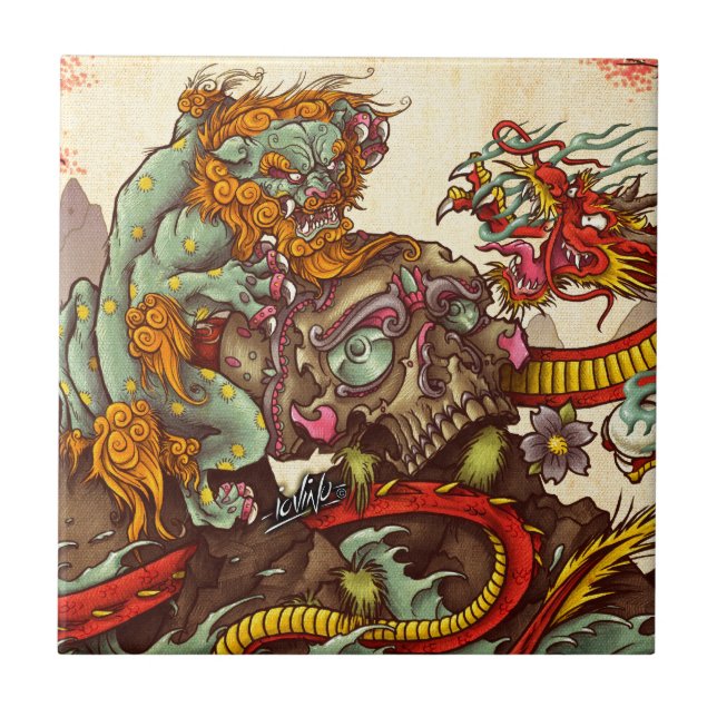 Asian scene with foo dog and dragon tile (Front)