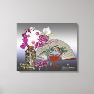 Asian Still life orchids, fan and pearls Canvas Print