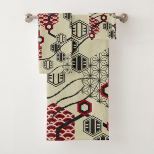 Asian style hexagon red and black pattern bath towel set
