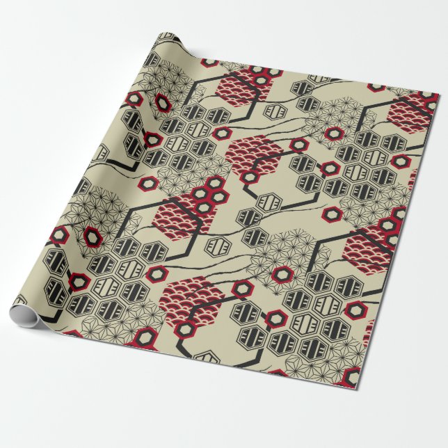 Asian style hexagon red and black pattern wrapping paper (Unrolled)