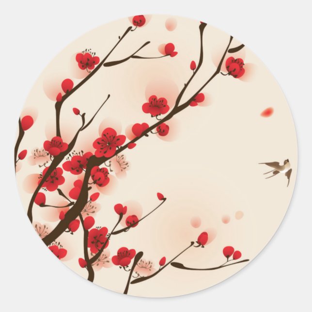Asian Style Painting, Plum Blossom in Spring Classic Round Sticker (Front)