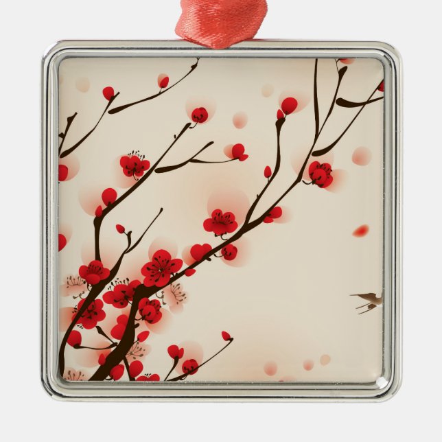 Asian Style Painting, Plum Blossom in Spring Metal Ornament (Front)