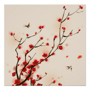 Asian Style Painting Plum Blossom in Spring Poster
