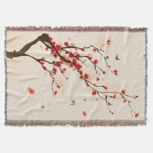Asian Style Painting, Plum Blossom in Spring Throw Blanket