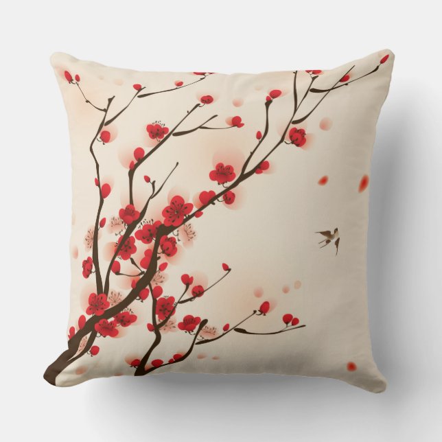 Asian Style Painting, Plum Blossom in Spring Throw Pillow (Front)