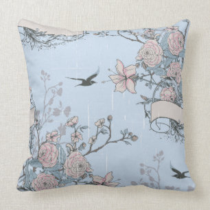 Asian Style Pastel Pink Lilies and Roses on Blue Throw Pillow
