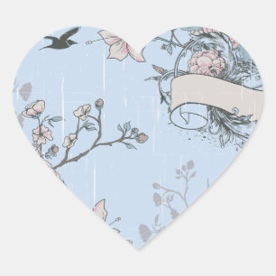Asian Style Pink Lilies and Roses on Blue Heart Sticker