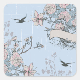 Asian Style Pink Lilies and Roses on Blue Square Sticker
