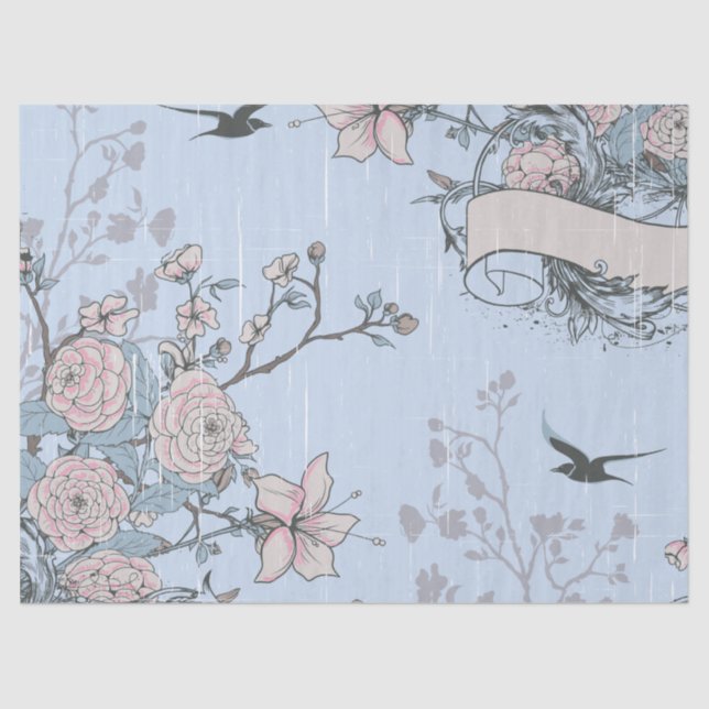 Asian Style Pink Lilies and Roses on Blue Tissue Paper (Front)