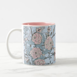 Asian Style Pink Lilies and Roses on Blue Two-Tone Coffee Mug