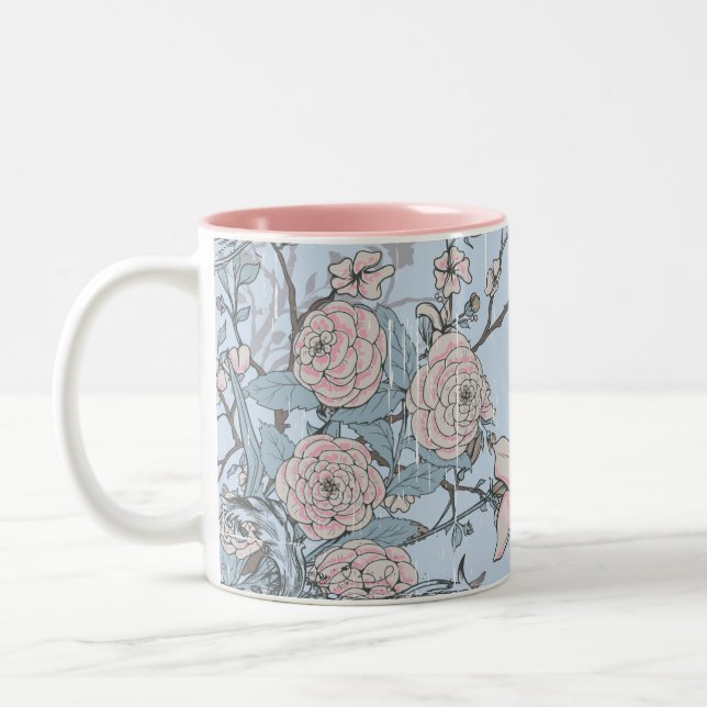 Asian Style Pink Lilies and Roses on Blue Two-Tone Coffee Mug (Left)