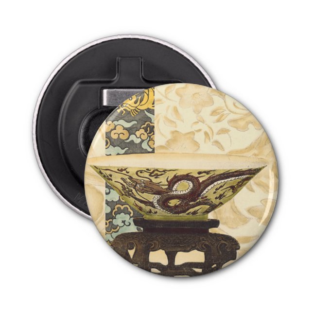 Asian Tapestry with Bowl and Dragon Design Bottle Opener (Front)