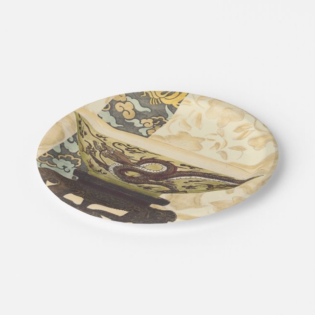 Asian Tapestry with Bowl and Dragon Design Paper Plate (Angled)