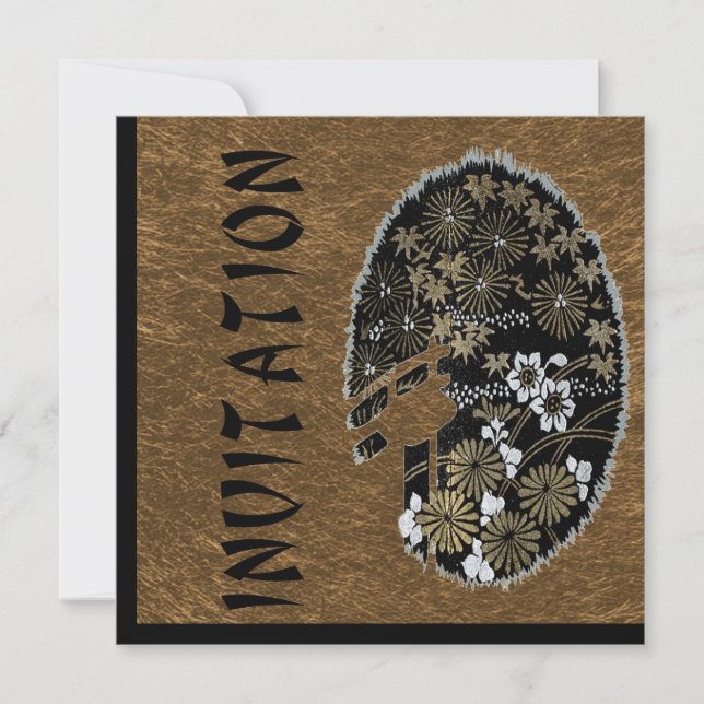 Asian Tea Garden Party Gold and Black Invitation (Front)