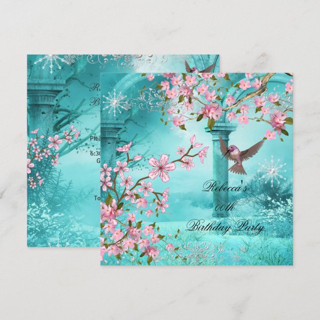 Asian Teal Pink Blossom Birthday Party Bird 2 Invitation (Front/Back)