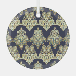 Asian Textile: Floral Paisley Illustration Glass Ornament