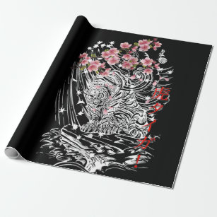 Asian Tiger With Cherry Blossoms And Japanese Wrapping Paper