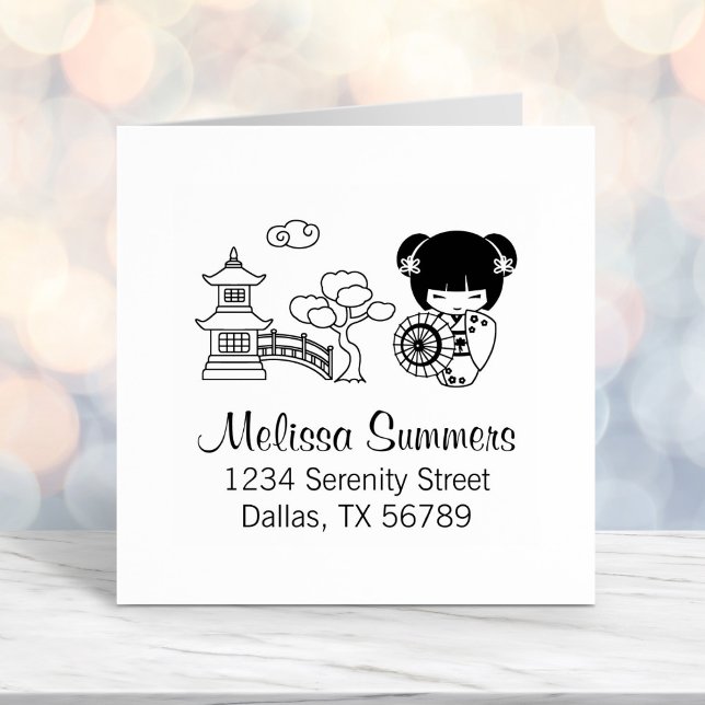 Asian Umbrella Girl in Kimono Address Self-inking Stamp (Creator Uploaded)