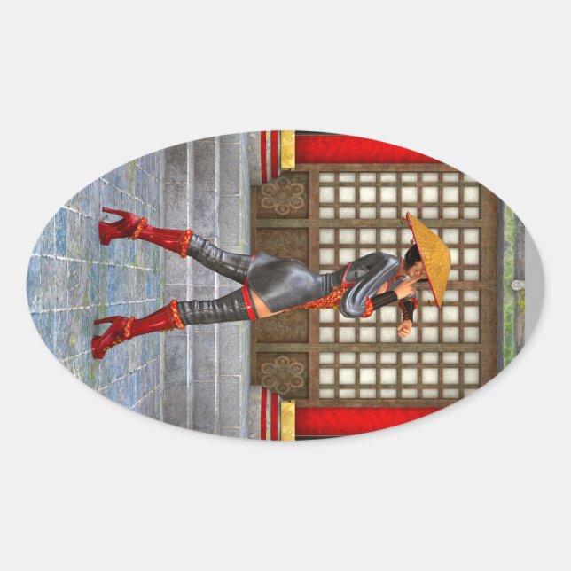 Asian Warrior Maiden Fantasy Samurai Artwork Oval Sticker (Front)