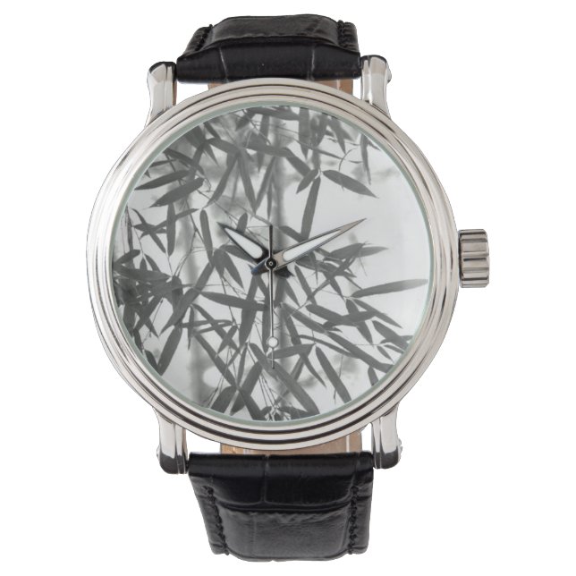 Asian wash painting style (sumi-e) style bamboo watch (Front)