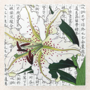 Asian White Lily on Kanji Background Glass Coaster