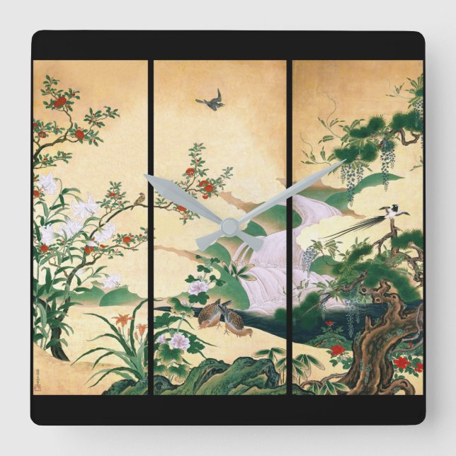 Asian Wisteria Flower Doves Waterfall Wall Clock (Front)